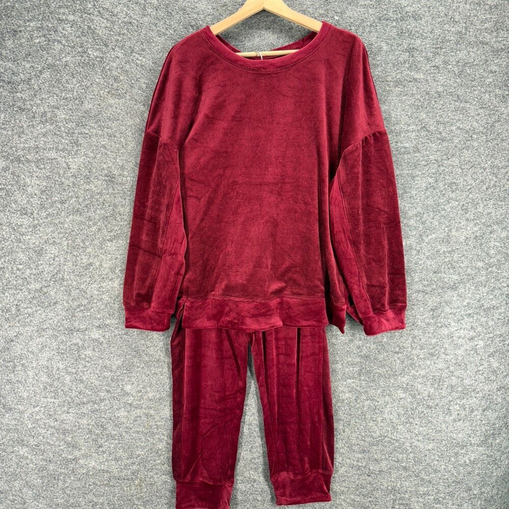 Carole Hochman Pants Suit Women PL Petite Red Velvet Long Sleeve Straight Casual
